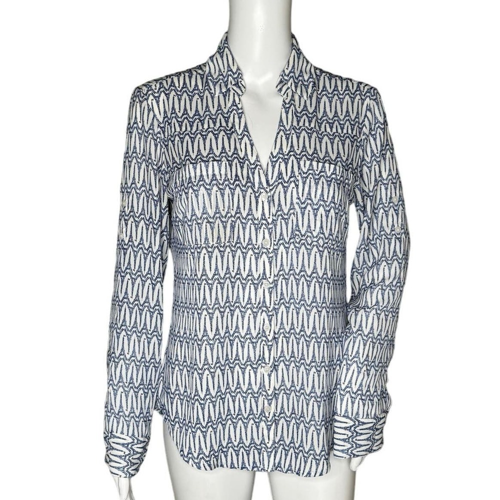 Express Shirt Womens XS White Blue Eiffel Tower Print Portofino Office Casual